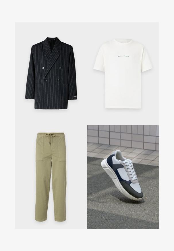 Blazer preto risca de giz de dupla abotoadura com gola notched, dois bolsos frontais e grandes botões com acabamento texturizado.; T-shirt branca de algodão, com mangas curtas e decote redondo. O texto centralizado diz "BEM-VINDO AO PARAÍSO" numa fonte verde curvada.; Calças verde-oliva claras feitas de um tecido de algodão misto, com um cós elástico com cordão e dois bolsos laterais grandes.; Sapatilhas brancas, azuis-marinho e cinzas com um design de materiais mistos, apresentando uma parte superior texturizada, atacadores planos e uma sola acolchoada.