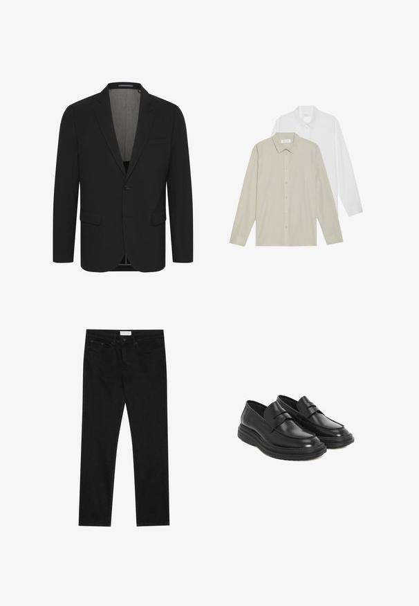 Czarna marynarka z gładkiego materiału, z klapami, dwiema przednimi kieszeniami i zapięciem na dwa guziki. Podszewka. Minimalistyczne wykończenie.; Dwie koszule z długim rękawem: jedna w białym materiale, a druga w beżowym z cienkimi pionowymi paskami. Obie mają kołnierzyki zapinane na guziki oraz mankiety.; Czarne jeansy straight-leg z pięcioma kieszeniami, zapięcie na guzik i zamek błyskawiczny oraz metka marki Pier One na pasku.; Czarne skórzane mokasyny z okrągłym noskiem, haftowanymi detalami i platformą z gumowej podeszwy. Posiadają dekoracyjny pasek na przodzie.