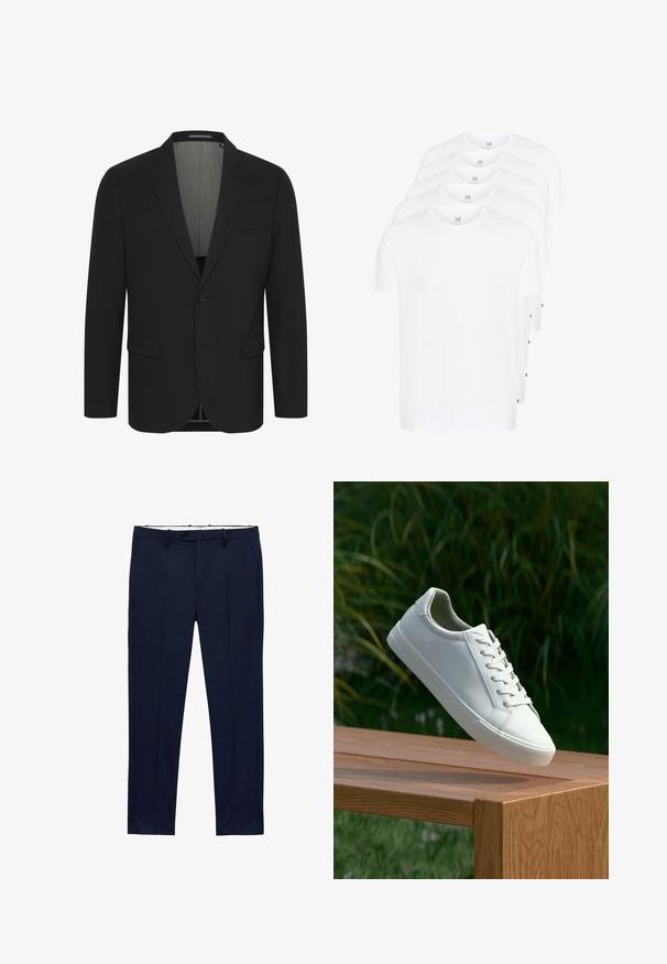 Črn blazer iz gladkega blaga, z zabatnim ovratnikom, dvema sprednjima žepoma in zapiranjem na dve gumba. Podložena notranjost. Minimalni detajli.; Bele kratke majice s kratkimi rokavi, zložene, narejene iz bombaža. Imajo okroglo ovratnico in raven kroj. Tkanina se zdi gladka brez vzorcev.; Temno modri hlače s ožjim krojem in vzorcem črt. Zasnovane so z zadrgo, pasnimi zankami in sprednjimi žepi. Gladek teksturiran material.; Beli vezani športni čevlji, ki lebde nad leseno klopjo z zelenim rastlinjem v ozadju, prikazujejo obliko in teksturo čevlja.