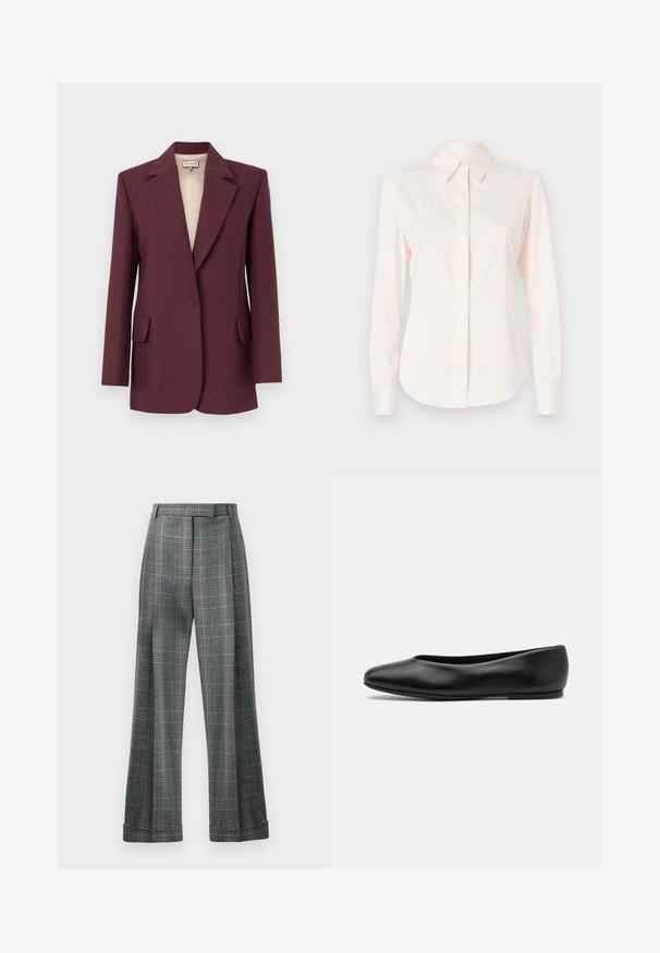 Blazer su misura color bordeaux con rever a lancia, chiusura con un bottone, due tasche frontali e una fodera liscia beige.; Camicia a maniche lunghe rosa chiaro realizzata in tessuto liscio, con colletto classico e patta con bottoni, polsini aderenti e una forma sagomata.; Pantaloni a quadri con una combinazione di colori blu, grigio e arancione, design a gamba larga e pieghe stirate; realizzati in un tessuto testurizzato.; Paul Smith TOPANGA - Ballerine - black