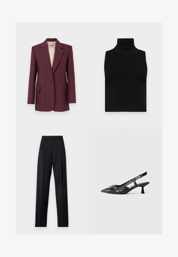Viininpunainen räätälöity bleiseri lovikauluksilla, yksinappisella suljennalla, kahdella etutaskulla ja sileällä beigevuorella.; Mustat ilmanhihaiset poolotoppi, jossa on ribbed rakenne ja istuva muotoilu. Sileä kangas, korkea kaulus ja ilman lisäkoristeita.; Musta housut, jotka on valmistettu sileästä kankaasta ja joissa on korkea vyötärö, leveät lahkeet, etukaarteet ja klassiset vyölenkit. Ei näkyviä sivutaskuja.; Mustat nahkakengät, joissa on avonainen takaosa ja kärjessä terävä muoto, koristevyöt, joissa on metalliset reiät, sekä matala lohkoepohja. Teksturoitu pinta.
