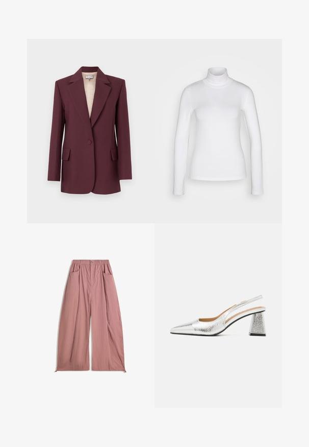 Blazer bordeaux sur mesure avec revers en encoche, fermeture à bouton unique, deux poches avant, et une doublure beige lisse.; Chemise à col roulé blanc à manches longues en tissu lisse et extensible. Offre une coupe ajustée et un col haut. Pas de motifs ni d'accents visibles.; Pantalons amples à taille haute en tissu rose doux. Comprend une taille élastique, deux poches latérales et une finition lisse et texturée.; Pompe argentée à talon slingback avec un bout pointu, une finition métallique texturée et un talon bloc triangulaire. L'intérieur présente des détails en cuir marron.