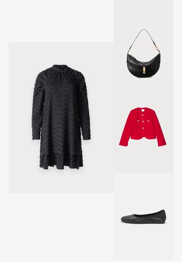 Rode textuurjasje met een cropped design, uitgerust met twee voorzakken, vier knoopsluitingen met bloemaccenten en een ronde halslijn.; Hofmann Copenhagen REESE - Jurk - black; Zwarte leren ballerina met een ronde neus, gladde textuur, minimale stikdetails en een flexibele zoolontwerp.; Zwarte leren handtas in een halve maanvorm. Voorzien van een gouden hardware accent en een smalle schouderband. Soepele textuur, ritssluiting aan de bovenkant.