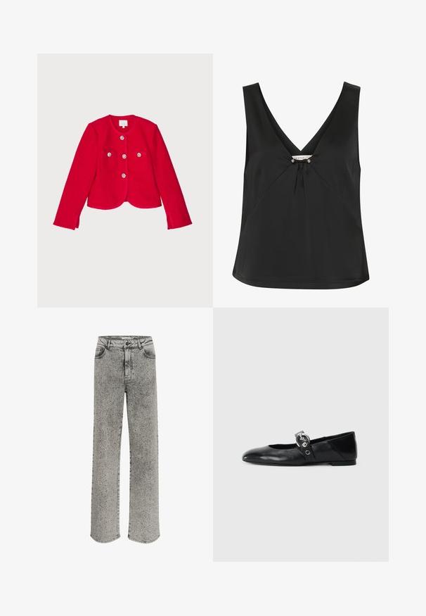 Röd texturerad jacka med en kortad design, som har två framfickor, fyra knäppningar med blommiga detaljer och en rund halslinje.; Svart ärmlös topp med V-ringning, som har en dekorativ knut och silverfärgade detaljer i mitten, tillverkad av ett slätt, elegant tyg.; Grå denimjeans med rak bendesign, prydda med silvernitar överallt. Har en klassisk femficksdesign och knappstängning.; Svarta läderballetskor med spetsig tå, med en rem som har en rund metallspänne och en platt sula.