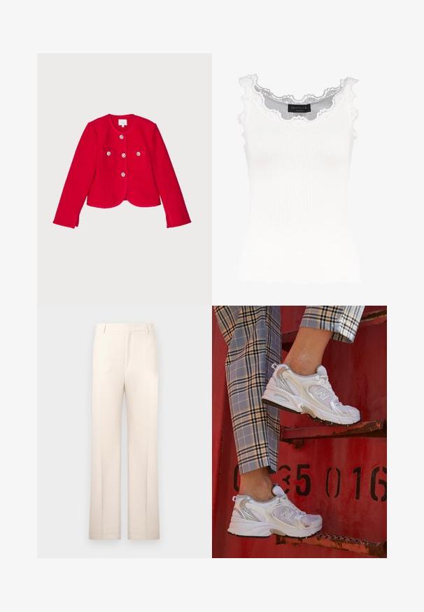Sarkans tekstūrēts žakets ar īsāku dizainu, kas satur divas priekšpuses kabatas, četras pogu aizdares ar ziedu akcentiem un apaļu kakla izgriezumu.; Balta ribota bezpiedurknes blūze ar mežģīņu apdari kakla izgriezumā un piedurknēs. Piedāvā maigu tekstūru un piegulošu formu. Zīmola etiķete redzama iekšpusē.; Beige izstrādāti bikses ar taisnu kāju dizainu, izgatavotas no viegla auduma. Iekļauj priekšējos plecus un klasisku jostasvietu.; Baltas režģa sporta apavi ar sudraba akcentiem un teksturētu zoli, novietoti uz sarkanas virsmas, kombinēti ar kostīmpantaloniem ar kvadrātiem.