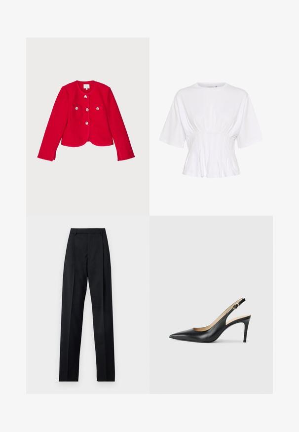 Chaqueta texturizada roja con un diseño corto, que presenta dos bolsillos frontales, cuatro cierres de botones con acentos florales y un escote redondo.; Top blanco de mangas cortas hecho de una tela suave, con un escote redondo y detalles fruncidos en la cintura para un ajuste ceñido.; Pantalones negros de tela suave con cintura alta, piernas amplias, pliegues frontales y lazos de cinturón clásicos. No hay bolsillos laterales visibles.; Tacones altos negros de cuero con tirantes, punta afilada, correa ajustable y un elegante tacón de aguja, con un acabado suave.
