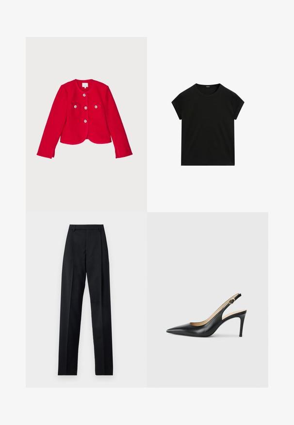 Rode textuurjasje met een cropped design, uitgerust met twee voorzakken, vier knoopsluitingen met bloemaccenten en een ronde halslijn.; Zwarte t-shirt met korte mouwen en ronde hals, met een rechte zoom, plat weergegeven op een witte achtergrond.; Zwarte broek gemaakt van gladde stof met een hoge taille, wijde benen, voorplooien en klassieke ceintuurlussen. Geen zijzakken zichtbaar.; Zwarte leren slingback-hakken met een spitse neus, verstelbare band en een elegante stiletto-hak, met een gladde afwerking.