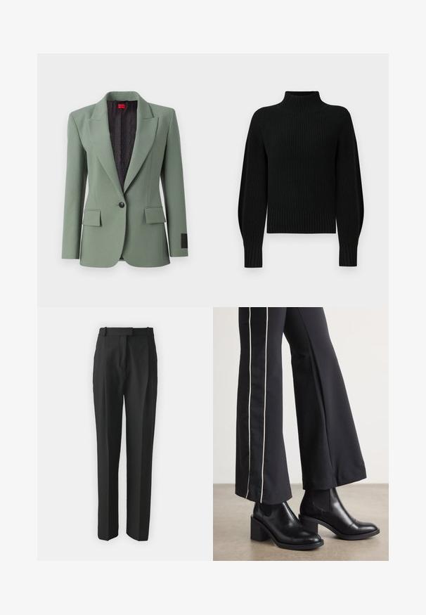 Világoszöld blézer sima anyagból, steppelt hajtókával, egygombos záródással, két elülső zsebbel és mintás fekete béléssel.; Fekete kötött pulóver magas gallérral, bordázott textúrával és raglán ujjakkal. A test részlegesen rövidített, vastag bordázott szegéllyel.; Fekete, testre szabott nadrág, könnyű anyagból készült, egyenes szabású, lapos elülső résszel és övhurkokkal. Simának tűnő textúra, látható minták nélkül.; Fekete bőr bokacsizma, tömbsarkúval, oldalán rugalmasszal ellátott panelek találhatók. Fekete nadrággal párosítva, amelynek fehér oldalsávja van.