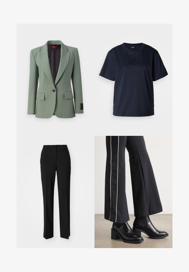 Hele roheline bleiser, mis on valmistatud siledast kangast, notšitud kraega, ühe nupuga kinnitusega, kahe ees oleva taskuga ja mustrilise musta voodriga.; Tumesinine lühikeste varrukatega T-särk, mis on valmistatud pehmest puuvillast. Omab ümmargust kaelust ja diskreetset tikandiga logo rinna piirkonnas.; Mustad ja sirged püksid, millel on sile tekstuur ja teravad voldid esiosas. Ilma nähtavate detailideta.; Mustad nahast pahklu_bootid, millel on ploki konts ja elastsed külgpaneelid. Kombineeritud mustade pükstega, millel on valge küljeriba.