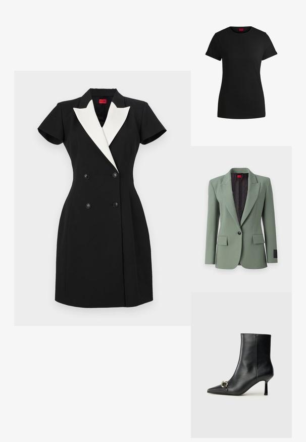 Jasnozielona marynarka z gładkiego materiału, z klapami o zaznaczonym kształcie, zapięciem na jeden guzik, dwoma przednimi kieszeniami i wzorzystą czarną podszewką.; Czarna bawełniana koszulka z krótkimi, podwiniętymi rękawami, okrągłym dekoltem i czerwoną metką. Gładka tekstura, dopasowany fason z minimalnymi detalami.; Czarna sukienka dwurzędowa z krótkimi rękawami, białymi klapami i czarnymi guzikami. Dopasowane do ciała, o zorganizowanej konstrukcji.; Czarny skórzany botek za kostkę z szpiczastym noskiem, smukłym średnim obcasem i srebrnym zapięciem po boku na jednolitym tle.