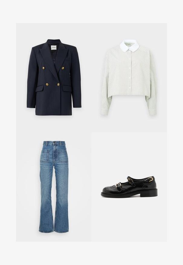 Jūrinės smėlio dryžiais dvigubos sagtys švarkas su auksinėmis mygtukais, turintis pavadinimo atvartą, dvi priekinės kišenes ir lygų pamušalą.; Šviesiai žalia ir balta langeliais supjaustyta marškinėlių palaidinė. Su balta apykakle ir ilgomis rankovėmis su sagomis. Minkšta medžiaga.; Aukštai tiesi mėlyni džinsai su platėjančiomis kojomis, dviem priekinėmis kišenėmis ir dviem galinėmis kišenėmis; tekstūruotas audinys su blukimo efektu.; Juodi odiniai batai su brogučių detalėmis, turintys dvi sagtis, apvalų nosį ir žemą kulną. Lygus paviršius su blizgiu finišu.