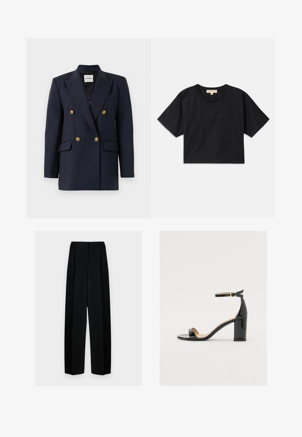 Jūras spēku pinstripe divpusējais žakets ar zelta pogām, ar izteiksmīgu apakšmalu, divām priekšējām kabatām un gludu oderi.; Melna kokvilnas pusgarā kreklā. Iezīmēta ar apaļu kakla izgriezumu un īsām piedurknēm. Priekšpusē ar atbilstošas krāsas izšuvums "MICHAEL KORS".; Melni plati bikses ar augstu jostasvietu, kas papildinātas ar pudiem un gludu tekstūru. Audums izskatās viegls un eleganti krīt.; Melnas patentā ādas sandales ar platām papēžiem, atvērtu purngalu un potītes siksniņu ar zelta sprādzi. Gluda tekstūra un elegants dizains.