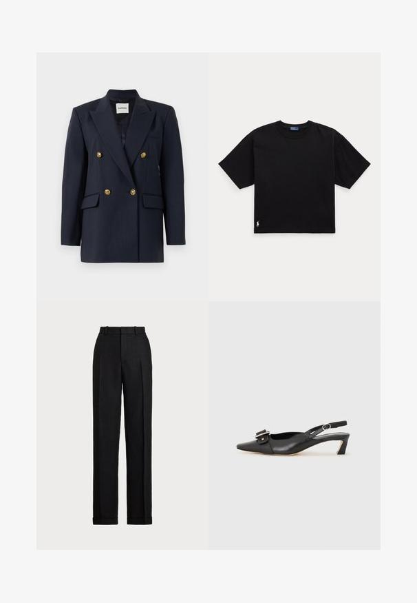 Mornarska dvostruko zapeta blejzer s prugicama i zlatnim gumbima, s vrhom reverom, dva prednja džepa i glatkim oblogom.; Crna pamučna majica s kratkim rukavima, okruglim izrezom i malim bijelim logom na donjem lijevom dijelu. Klasičan, širok kroj s minimalnim detaljima.; Crne hlače visokog struka od platna. Imaju ravne nogavice, utisnute pregibe i manžete na rubu. Nema vidljivih džepova ili kopčanja.; Crne kožne sandale s remenčićem i šiljastim vrhom, malim potpeticama i dekorativnom kopčom na gornjem dijelu. Glatka tekstura, minimalistički dizajn.