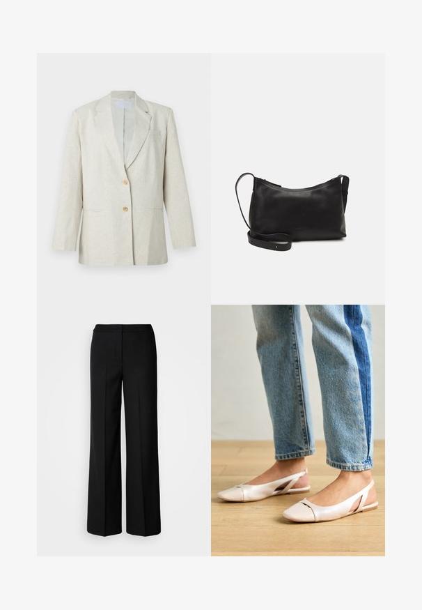 Light beige blazer made of textured fabric, featuring a single button closure, notch lapels, and two front pockets. Tailored silhouette.; White short-sleeve t-shirt with a wide crew neck and textured ribbed pattern, made of soft fabric, featuring a relaxed fit and a clean design.; Black wide-leg trousers with a smooth fabric, featuring a high waist, tailored seams, and a minimalist design. No visible hardware or pockets.; Pale pink slingback flats with a pointed toe, made from a smooth leather-like material. Features cut-out details at the sides and a flat heel.; Black leather shoulder bag with a smooth texture, curved shape, adjustable strap, and a zip closure. Minimalist design without embellishments.