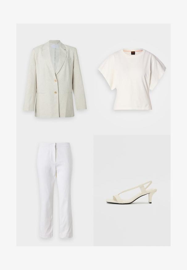 Blazer beige chiaro in tessuto strutturato, con chiusura a un bottone, rever a lancia e due tasche frontali. Silhouette sartoriale.; T-shirt bianca cropped, maniche corte e larghe, tessuto di cotone morbido, scollatura rotonda con bordino arancione sottile, design minimale, senza motivi o grafiche.; Pantaloni bianchi in cotone con design a gamba dritta, caratterizzati da una vita a media altezza e senza hardware o motivi visibili. Tessuto liscio su tutta la superficie.; Sandali con tacco a blocco beige, con sottili cinturini e punta quadrata. Materiale liscio con dettagli minimi, progettati per un facile utilizzo.