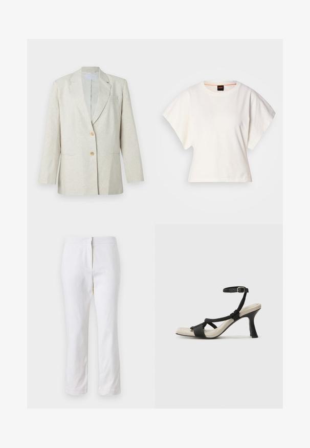 Blazer beige clair en tissu texturé, doté d'une fermeture à un bouton, de revers crantés et de deux poches avant. Silhouette ajustée.; T-shirt blanc cintré, manches courtes et larges, en coton doux, décolleté rond avec une discrète bordure orange, design minimaliste, sans motifs ni graphiques.; Pantalons en coton blancs avec une coupe droite, dotés d'une taille mi-haute et sans matériel ou motifs visibles. Texture lisse sur l'ensemble.; Sandale à talon noir avec un design de brides tressées, bout carré et bride de cheville réglable. Semelle intérieure beige claire avec un talon noir brillant.