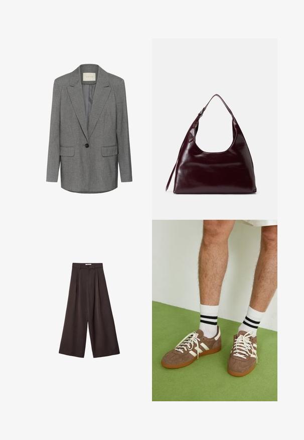 Šedý pruhovaný blejzr s klopami, jedním černým knoflíkem na zapínání a dvěma předními kapsami. Interiér podšívka z hladké látky.; Černý rolák z měkké pleteniny. Má dlouhé rukávy a žebrované manžety a lem. Jednoduchý, klasický design bez vzorů.; Černé široké kalhoty s vysokým pasem, s předními záhyby a zapínáním na knoflík v pase, vyrobené z hladké látky.; Hnědé semišové tenisky s bílými akcenty a tkaničkami. Gumová podrážka. Nošeny s bílými ponožkami s černými pruhy. Zelená strukturovaná podlaha.; Burgundská kožená kabelka s kulatým výřezem nahoře, hladkým povrchem a dlouhým ramenním popruhem, která se vyznačuje minimalistickým designem a bez viditelných kovových prvků.
