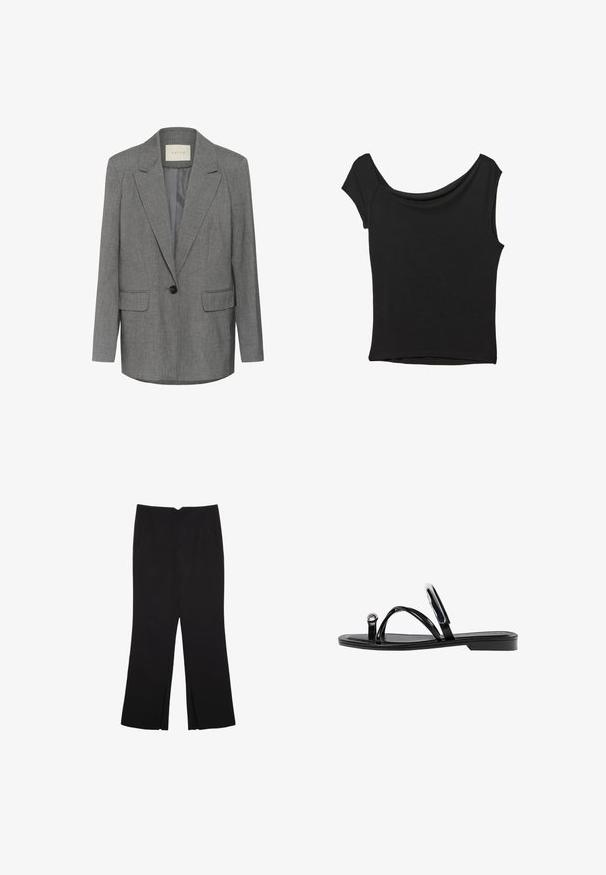 Grå nålestribet blazer med hakket revers, enkel sort knaplukning og to frontlommer. Indersiden er foret med glat stof.; Sort kortærmet top lavet af glat stof; har en draperet halsudskæring og en asymmetrisk kant, med en tætsiddende pasform.; Sorte bukser med lige pasform, der har frontlommer og slidser i kanten. Lavet af blødt, glat stof. Velegnet til forskellige anledninger.; Sorte flade sandaler med en blank finish, tre tynde stropper og en cirkulær hardwaredetalje ved tæerne. Slankt design med en minimal hæl.
