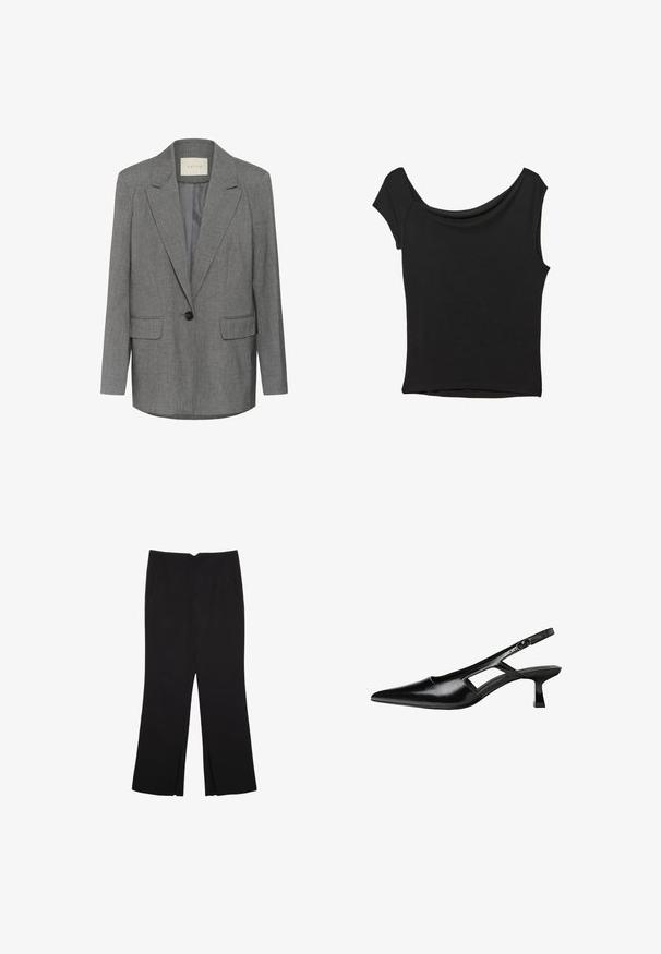 Grå nålestribet blazer med hakket revers, enkel sort knaplukning og to frontlommer. Indersiden er foret med glat stof.; Sort kortærmet top lavet af glat stof; har en draperet halsudskæring og en asymmetrisk kant, med en tætsiddende pasform.; Sorte bukser med lige pasform, der har frontlommer og slidser i kanten. Lavet af blødt, glat stof. Velegnet til forskellige anledninger.; Sorte patentlæder slingback hæle med spids tå, udskåret sideskærm og en lille firkantet hæl. Glat tekstur med minimale detaljer.