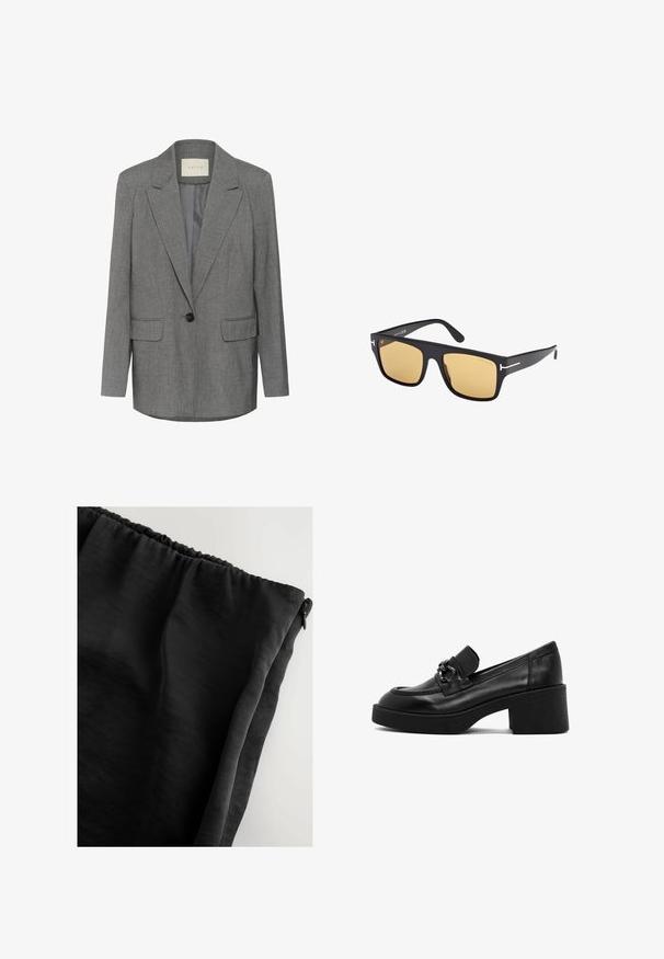 Gray pinstripe blazer with a notched lapel, single black button closure, and two front pockets. Interior lined with smooth fabric.; White T-shirt made of soft, lightweight fabric. Features a round neckline and short, wide sleeves with a relaxed fit. No visible patterns.; Black fabric with a smooth texture, elastic waistband, and a zip closure. The material appears lightweight and slightly sheer.; Black leather low-heeled loafer with a rounded toe, decorative strap and metal accent. Textured outsole and seamless design.; Black square sunglasses with yellow lenses. Sleek acetate frame, accented with silver hardware near the temples, featuring a minimal design.