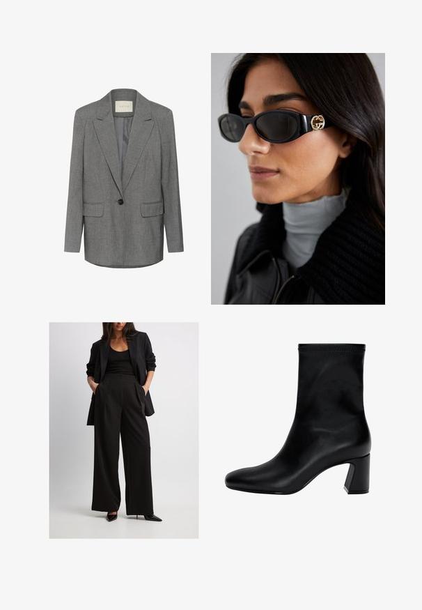 Grå nålestribet blazer med hakket revers, enkel sort knaplukning og to frontlommer. Indersiden er foret med glat stof.; Hvid langærmet top lavet af glat stof. Har en rund halsudskæring, dropped shoulders og en afslappet pasform med let buet kant.; Sort skræddersyet blazer parret med brede sorte bukser, der har folder og sidelommer. Model iført sorte spidse hæle.; Sort ankelstøvle lavet af glat læder. Har en firkantet tå, elastisk kant og en kraftig hæl for stabilitet. Minimalistisk design.; Sorte solbriller med en strømlinet rektangulær ramme og en guld logoaccent på siden. Mørke linser og blank overflade er fremtrædende.