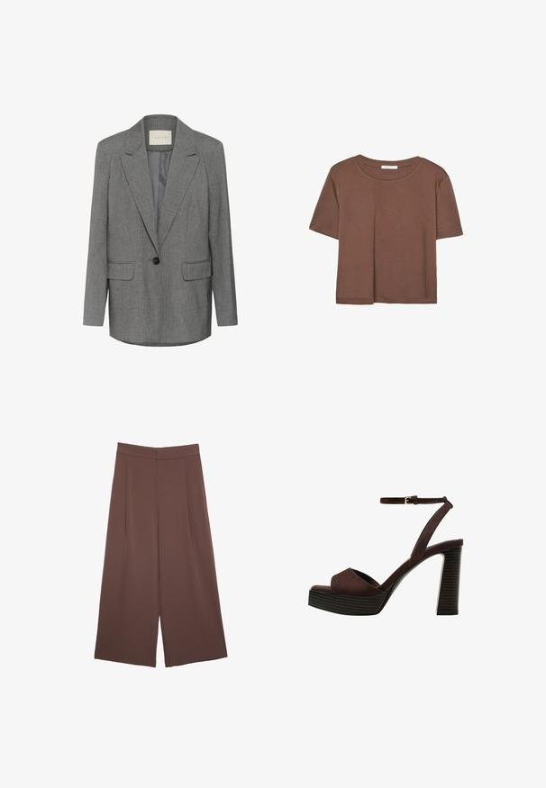 Harmaa viivapuku, jossa on terävä kaulus, yksittäinen musta nappikiinnitys ja kaksi etutaskua. Sisäpuoli on vuorattu sileällä kankaalla.; Kahvinsävyinen lyhythihainen t-paita, joka on valmistettu pehmeästä kankaasta. Pyöreä pääntie ja rento malli. Ei näkyviä kuvioita tai koristeita.; Ruskeat leveälahkeiset housut, joissa on sileä pinta, korkea vyötärö ja etupleat. Kangas on kevyttä ja laskeutuu väljänä.; Ruske kožne sandale s visokom potpeticom, otvorenim prstima, podesivim kopčanjem oko gležnja i prugastim platformskim đonom.