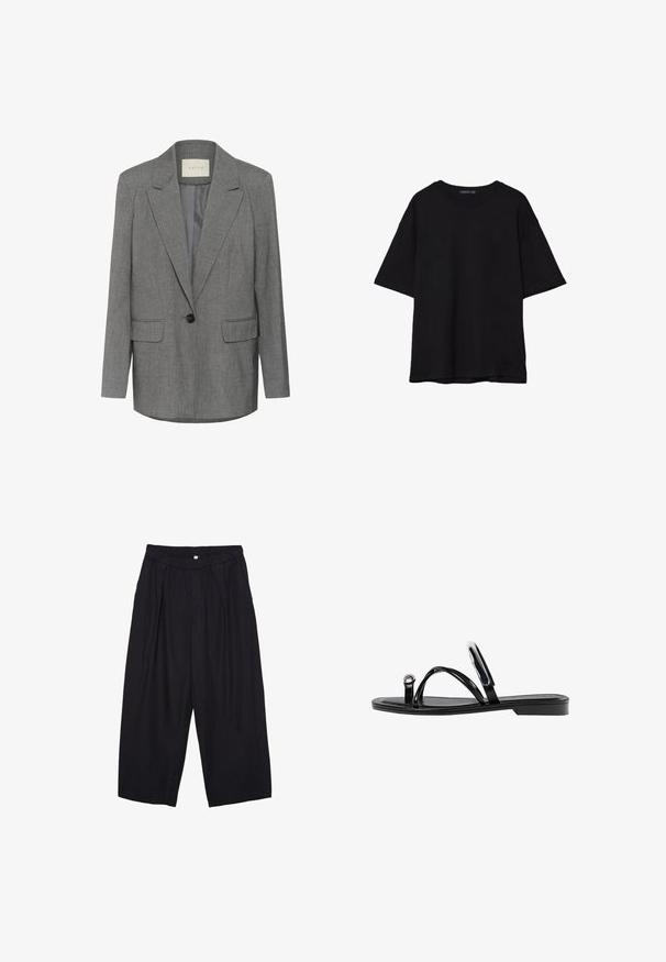 Grå nålestribet blazer med hakket revers, enkel sort knaplukning og to frontlommer. Indersiden er foret med glat stof.; Sort bomulds T-shirt med en afslappet pasform, korte ærmer, rund halsudskæring og en glat tekstur. Ingen synlige mønstre eller accenter.; Sorte polyester culotte bukser med elastisk talje, to forpiber og en løs silhuet. Ingen synlige mønstre eller hardware detaljer.; Sorte flade sandaler med en blank finish, tre tynde stropper og en cirkulær hardwaredetalje ved tæerne. Slankt design med en minimal hæl.