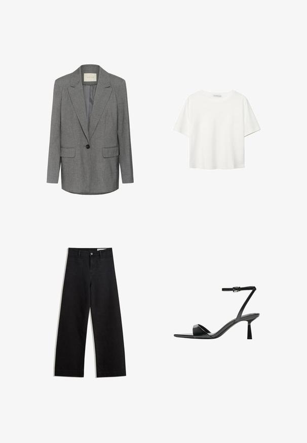 Grå pinstripes blazer med notched lapel, enkel svart knappstängning och två framfickor. Inuti foder med mjukt tyg.; Vit t-shirt med kort ärm i bomull. Har en rundad halsringning och en avslappnad passform. Slät textur utan synliga mönster eller detaljer.; Svarta vida denimbyxor med hög midja, med fram- och bakfickor, sydda sömmar och knappstängning. Slät textur.; Bershka Sandaletter - black