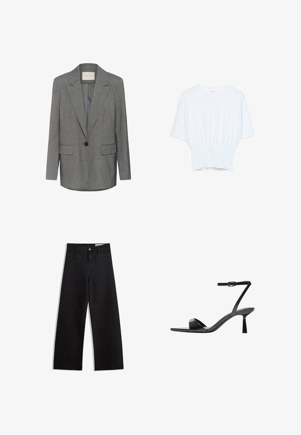 Grau gestreifter Blazer mit Reverskragen, einem schwarzen Knopfverschluss und zwei Vorder-taschen. Innen mit glattem Stoff ausgekleidet.; Weißes T-Shirt mit kurzen Ärmeln, lockerer Passform und gerafftem Stoff an der Taille. Aus weichem, leichtem Material gefertigt.; Schwarze weit geschnittene Jeans mit hoher Taille, ausgestattet mit Vorder- und Hintertaschen, gesteppten Nähten und einem Knopfverschluss. Glatte Textur.; Bershka High Heel Sandalette - black