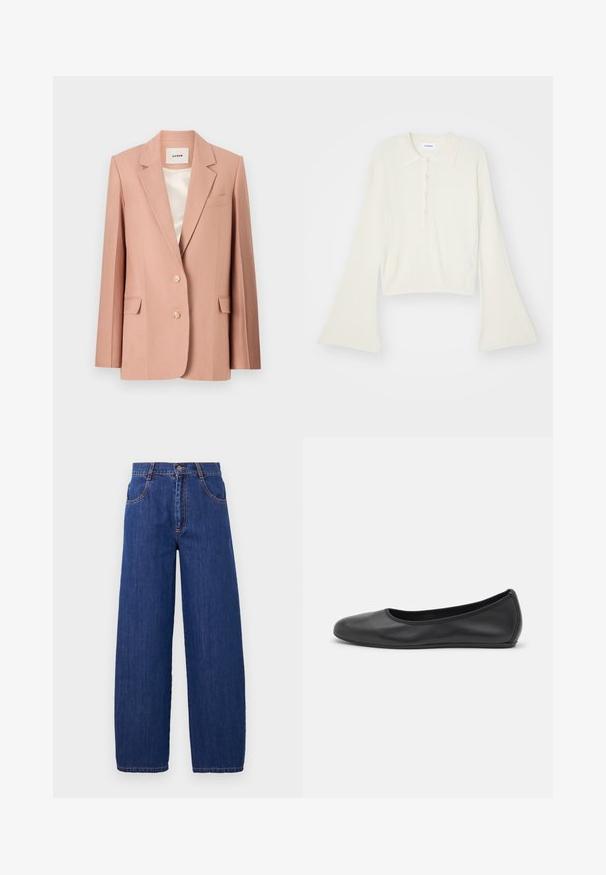 Vaaleanpunainen bleiseri, muotoiltu malli, yksirivinen kahdella napilla, läppätaskut, viistekaulus, sileä vuori kermaisessa satiinissa.; Raitaleva, kerma värinen polo-paita pitkillä, levenevillä hihoilla ja viiden napin listalla. Varustettu pehmeätekstuurisella kauluksella.; Vihreä lahkeinen siniset farkut, joissa on korkea vyötärö, etutaskut ja oranssit ompeleet. Kangas on sileä tekstuuriltaan ja klassiselta viimeistelyltään.; Musta nahkainen ballerina, jossa on pyöristetty kärki, sileä pinta, minimaalinen ommelkoristelu ja joustava pohjamuotoilu.