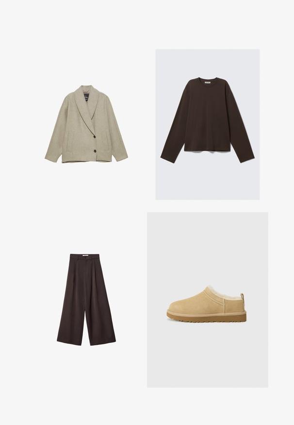 Beige villasekoitus takki, jossa on huopatakki, kaksi etutaskua ja kaksirivinen napitus. Tekstuuri on rakenteellinen.; Ruskea pitkähihaisessa paidassa on pehmeä kangas, pyöreä kaula-aukko ja löysä istuvuus. Sen muotoilu on yksinkertainen, ilman lisäkuvioita tai tarvikkeita.; Mustat leveät housut, joissa on korkea vyötärö, etupleikkuilla ja nappikiinnityksellä vyötäröllä, valmistettu sileästä kankaasta.; Vaaleanruskea suedesandaali, jossa on pehmeä turkisvuori ja teksturoitu kumipohja, jossa on kevyt korko ja takavetonauha helppoa pukemista varten.