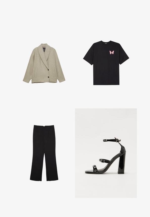 Beige ullblandad jacka med sjalkrage, två framfickor och dubbelknäppning. Strukturerad form med texturerad textil.; Svart bomullströja med korta ärmar, med en liten rosa fjärilsgrafik på vänster bröst. Rundad halsdesign med en avslappnad passform.; Svarta byxor med rak passform, utrustade med framfickor och sidoklyvningar vid fållen. Tillverkade av mjukt, slätt tyg. Lämpliga för olika tillfällen.; Svarta lackerade klacksandaler med fyrkantig tå, ankelremmar och silverfärgade spännen. Har en kraftig blockklack för stabilitet.