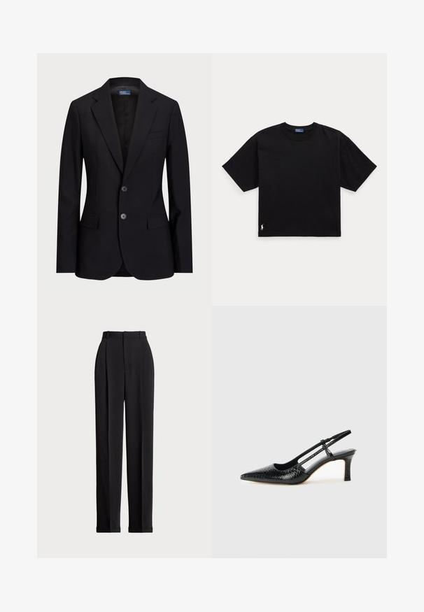 Navy blue suit jacket made of smooth fabric, featuring a notched lapel, two-button closure, and front pockets, with a tailored fit.; Black cotton t-shirt with short sleeves, round neck, and a small white logo on the bottom left. Classic, boxy fit with minimal detailing.; Black tailored trousers with a high waist, featuring pleats at the front, a straight leg design, and a cuffed hem. Made from smooth fabric.; Black patent slingback heel with a pointed toe, featuring textured snake print, adjustable strap, and a short, textured block heel.