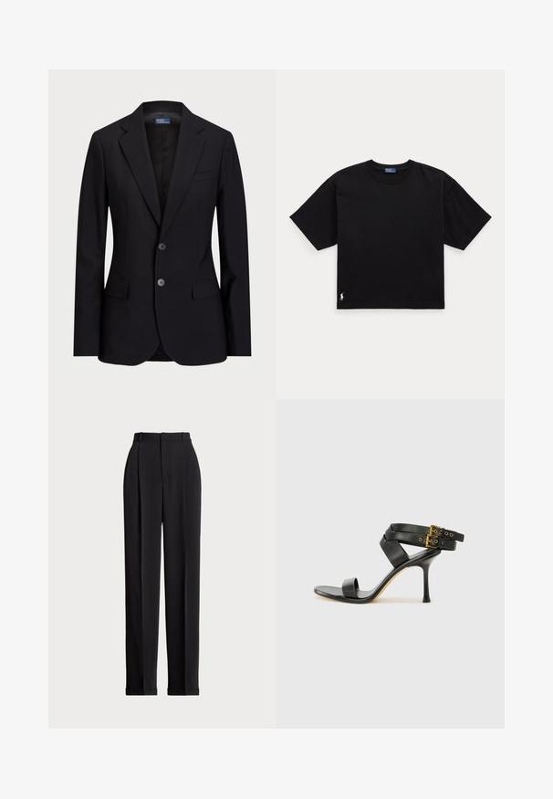 Blazer azul-marinho feito de tecido liso, com lapela notch, fecho de dois botões e bolsos frontais, com corte ajustado.; Camiseta preta de algodão com mangas curtas, decote redondo e um pequeno logótipo branco na parte inferior esquerda. Ajuste clássico e descontraído, com detalhes mínimos.; Calças pretas ajustadas com uma cintura alta, apresentando pregas na frente, um design de perna reta e bainha com punho. Feitas de tecido suave.; Sandal preto de salto alto com tiras cruzadas e fivela ajustável. Apresenta uma textura suave e um salto agulha afilado.