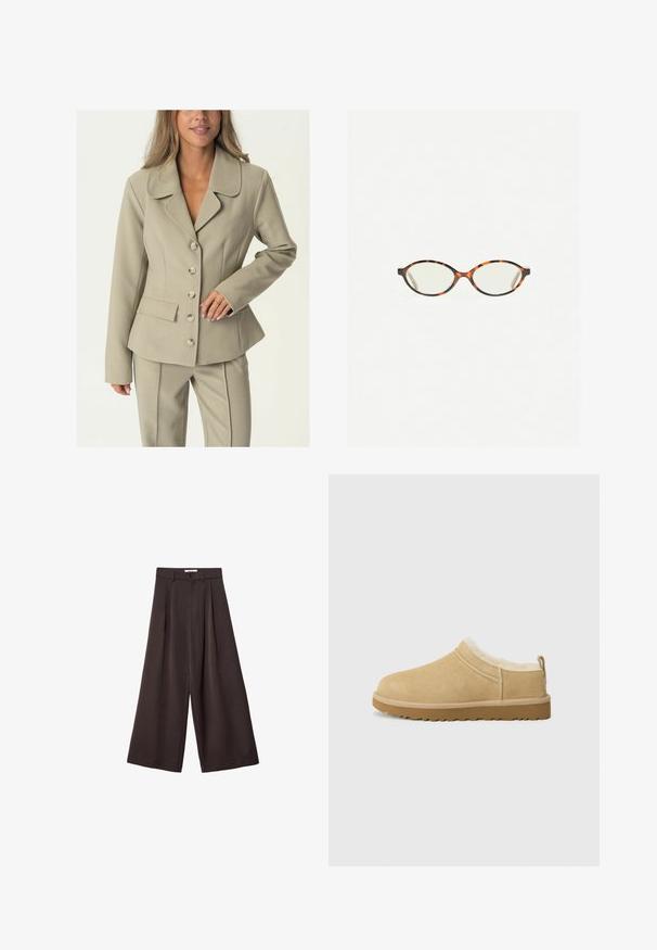 Svetlo béžový upravený blejzer s výstrihom do klina, uzatváraním na šesť gombíkov a bočnými vreckami. Hladká textúra a štruktúrovaný strih.; Hnedý, voľne pletený sveter s asymetrickým lemom a širokým výstrihom. Mäkka textúra s rebrovanými manžetami a štítkom na vnútornej strane výstrihu.; Čierne široké nohavice s vysokým pásom, so záhybmi vpredu a zapínaním na gombík v páse, vyrobené z hladkého materiálu.; Semišové nazúvacie topánky v svetlohnedej farbe, so softím kožušinovým podšívkou a textúrovanou gumovou podrážkou s jemným podpätkom a jazýčkom na zadnej strane pre ľahké obúvanie.; Korytnačkové okuliare s oválnymi šošovkami a hladkým, lesklým povrchom. Majú tenké strany s jemným zakrivením na spánkoch. Priehľadné šošovky.