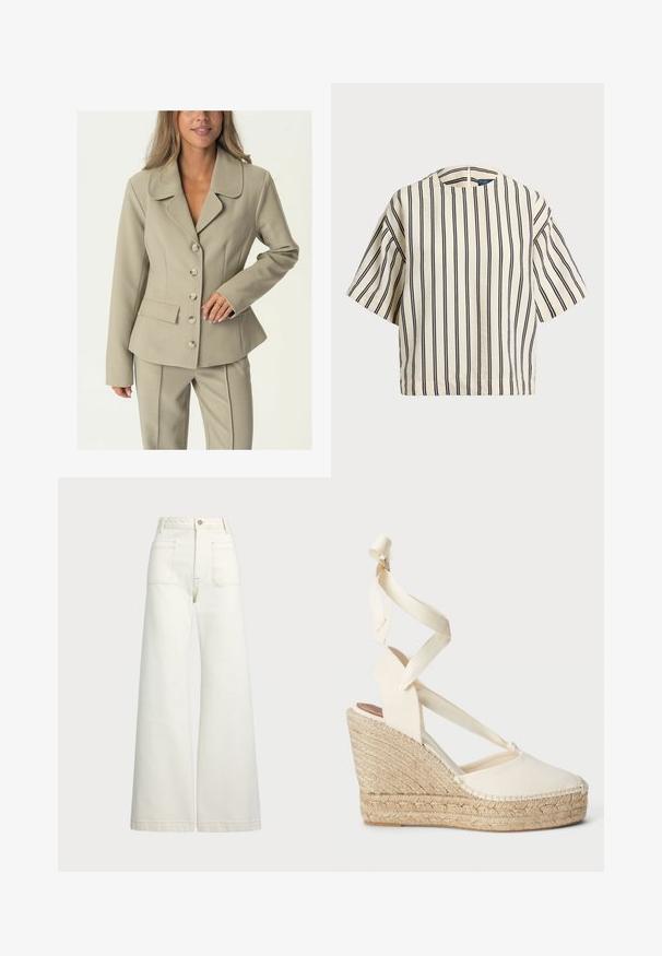 Šviesiai smėlinis pritaikytas švarkas su išpjautu apykakle, šešiais mygtukais, ir šonine kišenę. Sklandžios tekstūros ir struktūruotas siluetas.; Kreminės ir tamsiai mėlynos juostelės trumpų rankovių marškinėliai, turi apvalų iškirpimą ir dėžutės tipo dizainą, pagaminti iš tekstūruotos medžiagos.; Plati kojinės džinsai of white denimo. Aukštas liemuo, su mygtuko uždarymu, dviem priekinėmis kišenėmis ir kontrastingai siuvinėjimu.; Kreminės espadrilės pakulnės sandalai su kryžminėmis kanopinėmis juostelėmis ir nertos jūros žolės padu, turintys apvalią nosį ir tekstūruotą paviršių.
