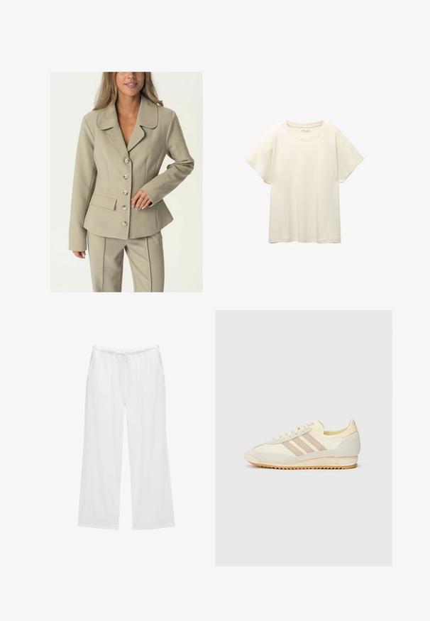 Svetlo béžový upravený blejzer s výstrihom do klina, uzatváraním na šesť gombíkov a bočnými vreckami. Hladká textúra a štruktúrovaný strih.; Svetlo béžové tričko s krátkym rukávom a okrúhlym výstrihom, vyrobené z jemnej, hladkej tkaniny. Má voľný strih a rovný lem.; Biele nohavice s širokými nohavicami vyrobené z mäkkého materiálu, s elastickým pásom na šnúrku a dvomi bočnými vreckami. Jednoduchý a čistý dizajn.; Krémové športové tenisky s tromi béžovými pruhmi, z kombinácie semišu a textilného materiálu, so štruktúrovanou podrážkou a reliéfne navrhnutým logom na päte.
