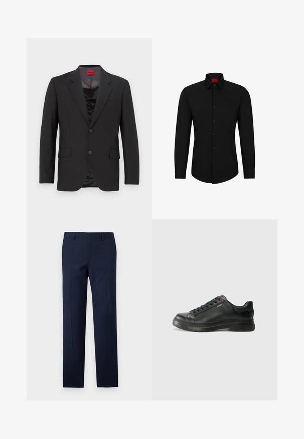 Schwarze Sakko mit Reverskragen, zwei Knöpfen und zwei vorderen Taschen. Futter ist dunkel und hat eine glatte Textur. HUGO Logo ist innen sichtbar.; Schwarzes Langarmhemd mit Knopfleiste, klassischem Kragen und abgerundetem Saum; verfügt über schwarze Knöpfe und ein rotes Logo im Kragen.; Nachtschwarze Hose mit tailliertem Schnitt, die eine glatte Textur, scharfe Falten und ein flaches Frontdesign aufweist. Verdeckter Reißverschluss.; Schwarze Leder-Sneaker mit strukturiertem Obermaterial, gepolstertem Kragen und rotem Logo-Detail. Verfügt über eine dicke Gummisohle mit markantem Profil.