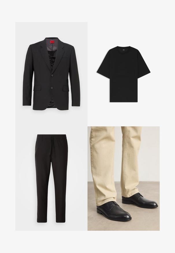 Zwarte blazer met een gelapt revers, twee knopen en twee voorzakken. Voering is donker met een gladde textuur. HUGO-logo zichtbaar aan de binnenkant.; Zwarte T-shirt met korte mouwen en ronde hals, met een relaxte pasvorm en een klein "BOSS"label aan de binnenkant van de kraag.; Zwarte joggingsbroek van gladde stof. Kenmerkt zich door een elastische tailleband met een trekkoord, taps toelopende benen en geen zichtbare zakken. Eenvoudig ontwerp.; Zwarte leren veterschoenen met een ronde neus, een gladde afwerking en subtiele stikdetails, gedragen met lichtbeige broeken.