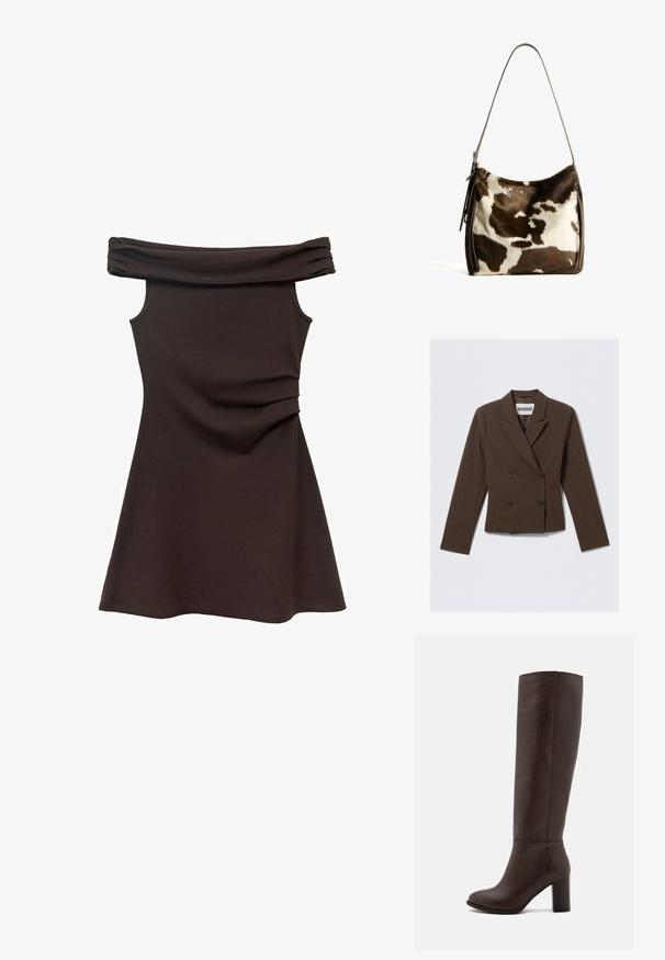 Brown pinstripe double-breasted blazer with a notched lapel, long sleeves, and two front buttons; structured waist design.; Off-the-shoulder brown dress with a fitted bodice, soft fabric, and gathered detailing at the waist, flaring out into a skater-style skirt.; Brown leather knee-high boot with a block heel, smooth texture, rounded toe, and minimal stitching details.; Brown and cream cowhide shoulder bag with a smooth leather strap, zip closure, and a soft, textured surface featuring a natural pattern.