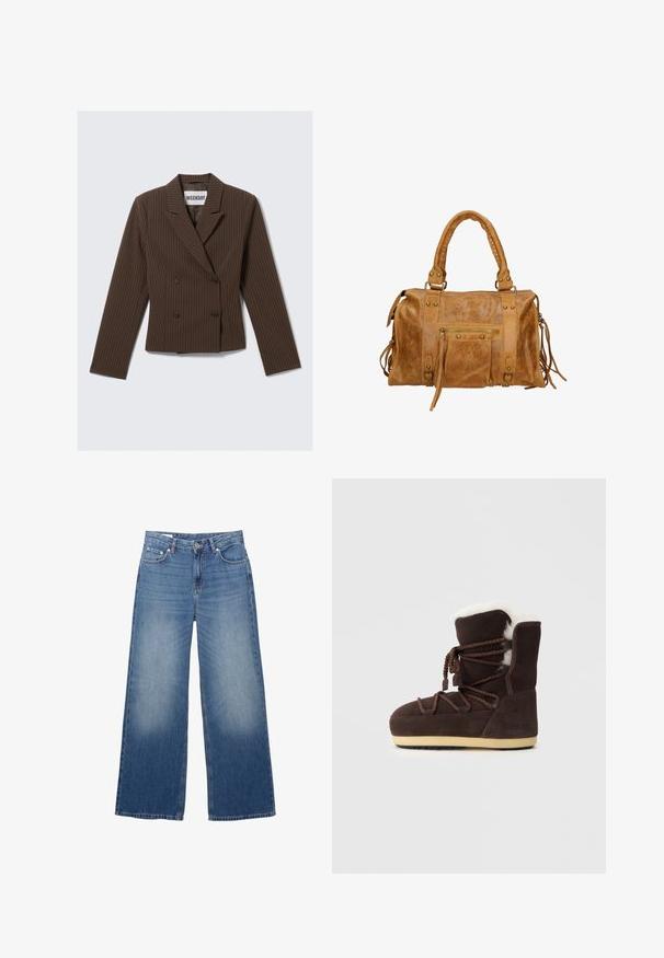 Blazer double-breasted marron à rayures avec un col cranté, des manches longues et deux boutons à l'avant ; conception de taille structurée.; Haut à manches longues de couleur crème avec un décolleté en V, orné de délicates bordures en dentelle au niveau du col et d'accents en dentelle aux poignets. Texture de tissu douce.; Jean en denim bleu clair à jambes larges avec un aspect délavé, cinq poches et une fermeture à bouton à la taille. Matière en coton, coupe droite.; Botte en suede marron avec un dessus en fausse fourrure blanche, des liens en dentelle et une semelle en caoutchouc beige. Le côté présente le texte "MOON BOOT."; Sac à main en cuir tan avec deux poignées courtes, poche zippée, accents en métal et glands décoratifs sur les côtés. Texture douce avec une finition légèrement froissée.