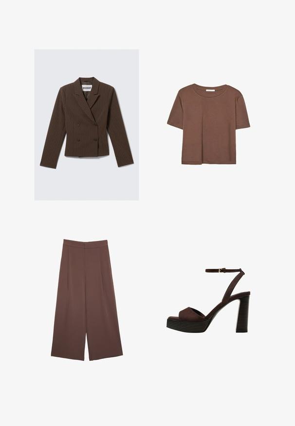 Brun pinstribet dobbeltbrystet blazer med slåede revers, lange ærmer og to knapper foran; struktureret talje-design.; Brun kortærmet t-shirt lavet af blødt stof, med rund halsudskæring og afslappet pasform. Ingen synlige mønstre eller detaljer.; Brune bredbunde bukser med en glat tekstur, der har høj talje og plisseringer foran. Stoffet er let og falder løst.; Brune ruskinds højhælede sandal med åben tå, justerbar ankelrem og en stribet plade sål.