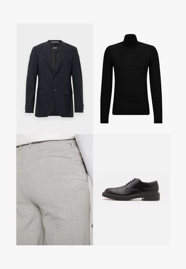 Temno siva krojena blazer jakna z diskretno kariranim vzorcem, zareznimi klapnicami, dvema sprednjima gumboma, žepoma z ovratnikom in blagovno znamko na notranji strani.; Črna turtleneck pulover iz mehkega materiala, z dolgimi rokavi in tesnim prileganjem. R ibana obroba na robu in rokavih. Preprosta zasnova.; Svetlo sive hlače po meri iz teksturirane tkanine, z enim zadnjim žepom in čistim šivom.; Črne usnjene čipkaste čevlje z zaobljenim nosom, gladko teksturo, minimalnim šitjem in nizkim gumijastim peto. Logo na peti.