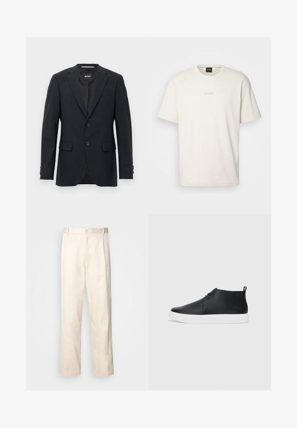 Tumehall hallitatud ülikond, millel on peen kontrollmustrit, nurgelised kraed, kaks esistõmblust, klapiga taskud ja bränditud sisetikand.; BOSS TEE - Lihtne T-särk - open white; Beesidised puuvillased püksid sirge jala lõikega, mis on varustatud nööpkinnituse ja ees olevate voltidega, et lisada detaili.; Mustmust mustatooted, millel on sile nahk, valge kummist tald ja lihtne nööridega kinnitamine. Tagaküljel on tõmbeosadega.