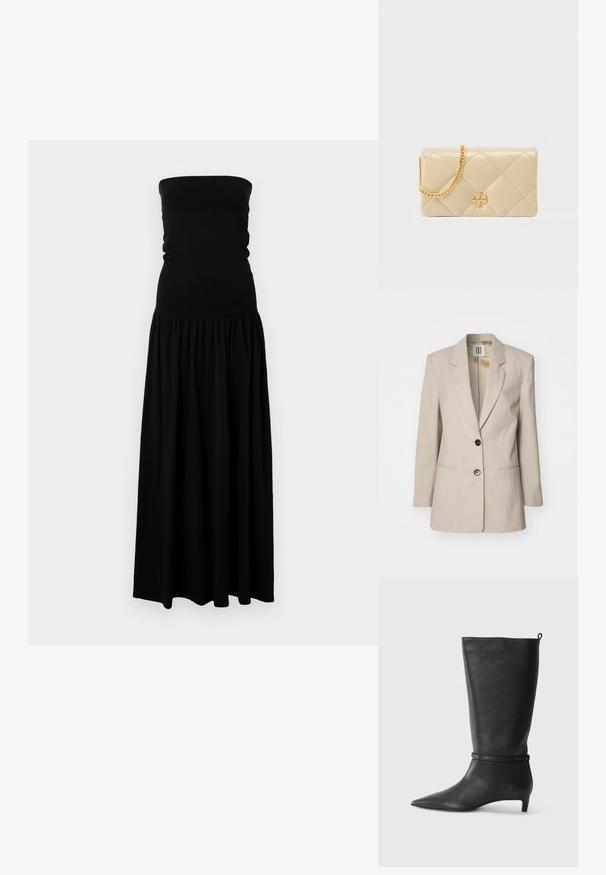 Beige tailored blazer with a notched lapel, single black button closure, and two front pockets. Textured fabric with a subtle pattern.; Black strapless maxi dress made of soft, stretchy fabric. Fitted body with a gathered skirt, flowing fabric, and smooth texture.; Black leather knee-high boot with a pointed toe, accented by a circular strap around the ankle and a low, tapered heel. Smooth texture.; Beige quilted leather handbag with a golden chain strap and logo accent on the front. Smooth texture with diamond-patterned stitching.