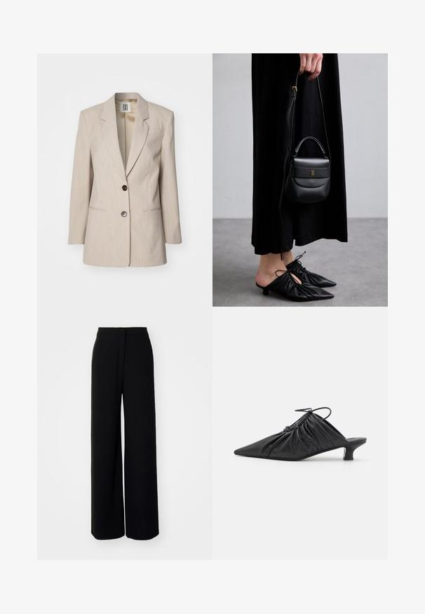 Beige szabott blazer, kifordított hajtókával, egy fekete gombbal záródik, és két elülső zsebe van. Texturált anyag, finom mintával.; Fehér, hosszú ujjú ing sima anyagból, klasszikus gallérral, gombos elülső résszel és egyszerű mandzsettákkal, tiszta, minimalista dizájnnal.; Fekete, bőszárú nadrág magas derékkal, sima anyagból, elöl gombos záródással, látható zsebek nélkül, testhezálló fazonnal.; Fekete bőr slip-on mules, hegyes orral, gyűrött textúrával és kis kitten sarokkal. Az nyílásnál húzózsinór részlet található.; Kis fekete bőrtáska kerekded formával, felső fogantyúval és levehető pánttal. Fekete szövetruhával és fekete redőzött cipőkkel viselve.