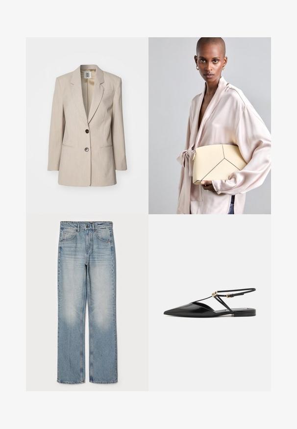 Bežs piegriezuma žakets ar izgrieztu apkakli, vienu melnu pogu, un divām priekšējām kabatām. Strukturēta auduma ar smalku rakstu.; Balts ribots bez piedurknēm, kuram centrā uz krūtīm ir melns izšūts logo. Kakla un roku caurumu malas ir rūpīgi apstrādātas ar smalku apdari.; Gai zili džinsi ar taisnu piegriezumu, kas iezīmē augsto vidukli, piecu kabatu dizainu un maigu izbalēšanu uz augšstilbiem un ceļgaliem.; Victoria Beckham Sandales - black; Krējuma krāsas struktūrēta roku soma ar kontrastējošām melnām šuvēm, kas satur ģeometrisku dizainu. Gluda tekstūra ar zelta detaļām.