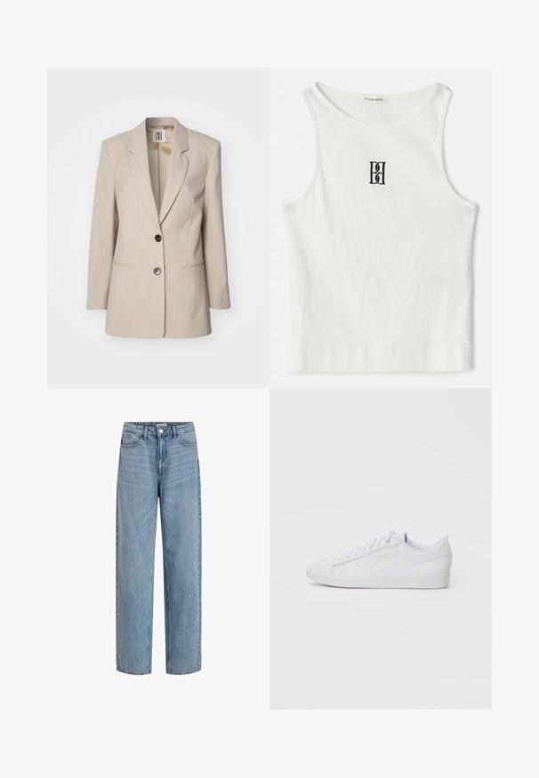 Beige skräddarsydd blazer med kavajkrage, enkel svart knappknäppning och två framfickor. Texturerad tyg med ett subtilt mönster.; Vit ribbad linne med en svart broderad logotyp centrerad på bröstet. Halsringningen och ärmhålen är avslutade med en subtil kant.; Ljusblå hög midja jeans av denim. Har raka ben, femfickorsdesign och en framknäppning.; Vita låg-top Puma sneaker med snörning fram, subtil logotyp på sidan och sulan, samt en slät syntetisk ovandel för avslappnat bruk.