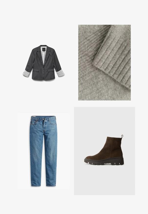 Pelēks žakets ar klasiski izstrādātu dizainu, kuram ir viens pogas aizdare un svītrainas aproces. Gluda tekstūra un pielāgota formas ar sānu kabatām.; Mīksts pelēks adīts audums ar ribotu tekstūru, kas ietver slāņotas daļas, viena gluda un otra ar diagonālu rakstu.; Zilā džinsu bikses ar taisnu kāju piegriezumu, ar rāvējslēdzēju, divām priekšējām kabatām un maigu izbalēšanu visā audumā.; Brūna zamšādas potīšu zābaks ar masīvu melnu gumijas zoli, ar vieglu papēdi un cilpu aizmugurē, kas nodrošina vieglu uzvilkšanu.