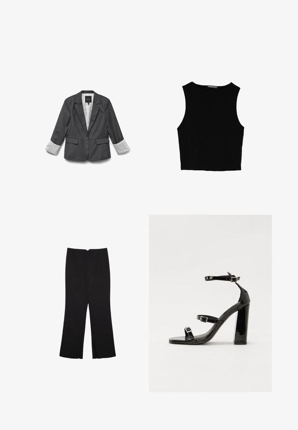 Šedý blazer s klasickým designem, který má zapínání na jeden knoflík a proužkované manžety. Hladká textura a dobře padnoucí střih s bočními kapsami.; Černý bezsleeve crop top vyrobený z hladké tkaniny, s kulatým výstřihem a čistým, jednoduchým designem bez vzorů nebo kovových doplňků.; Černé kalhoty s rovným střihem, s předními kapsami a bočními rozparky na lemu. Vyrobené z jemné, hladké tkaniny. Vhodné na různé příležitosti.; Černé lakované sandály na podpatku se čtveratou špičkou, lýtkovými pásky a stříbrnými přezkami. Disponují masivním blokovým podpatkem pro stabilitu.